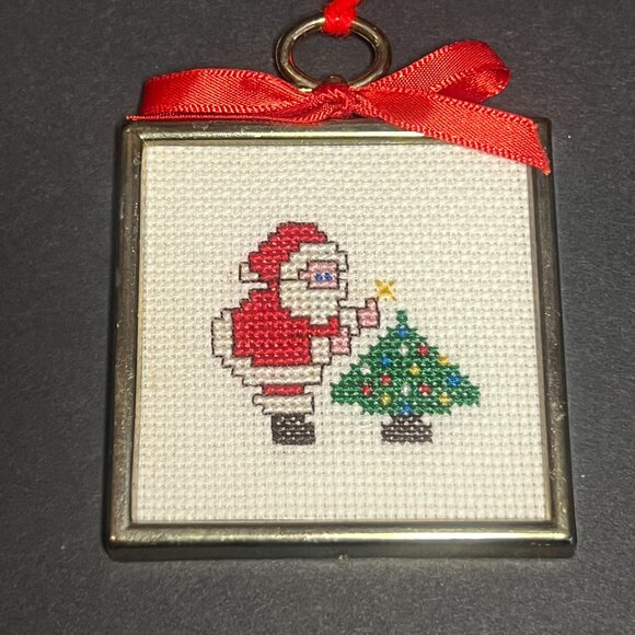 VTG Square Finished Framed Cross Stitch Santa Claus & Christmas Tree Ornament - Picture 2 of 3